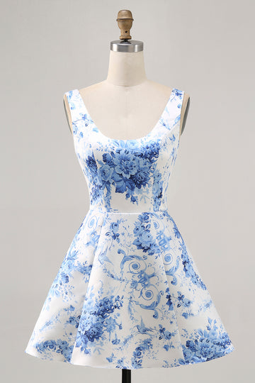 White Blue Flower Printed A Line Short Homecoming Dress